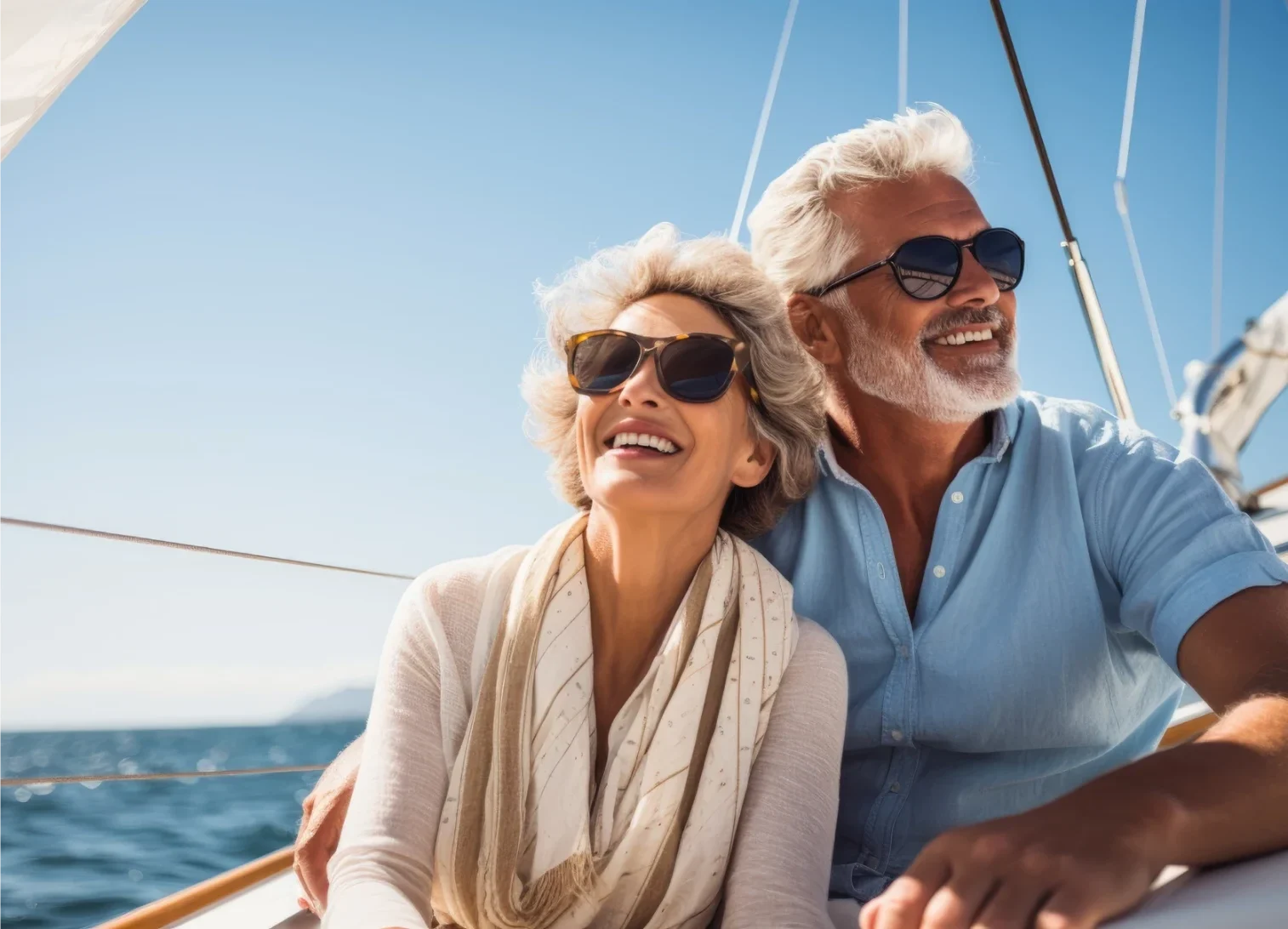 Happy senior couple enjoying a day on the boat wearing sunglasses
