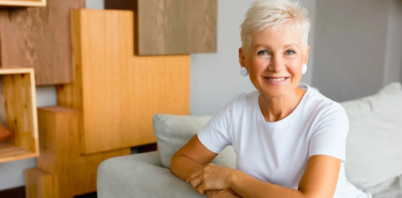 Happy woman over 60 on the sofa