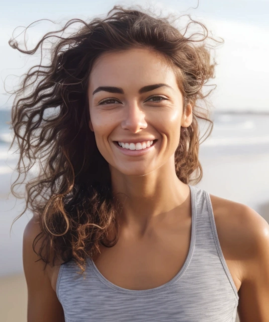 happy young woman walking on the beach smiling
