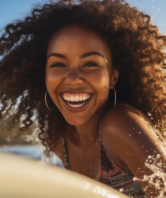 portrait of joyful young woman surfing with 20/20 vision