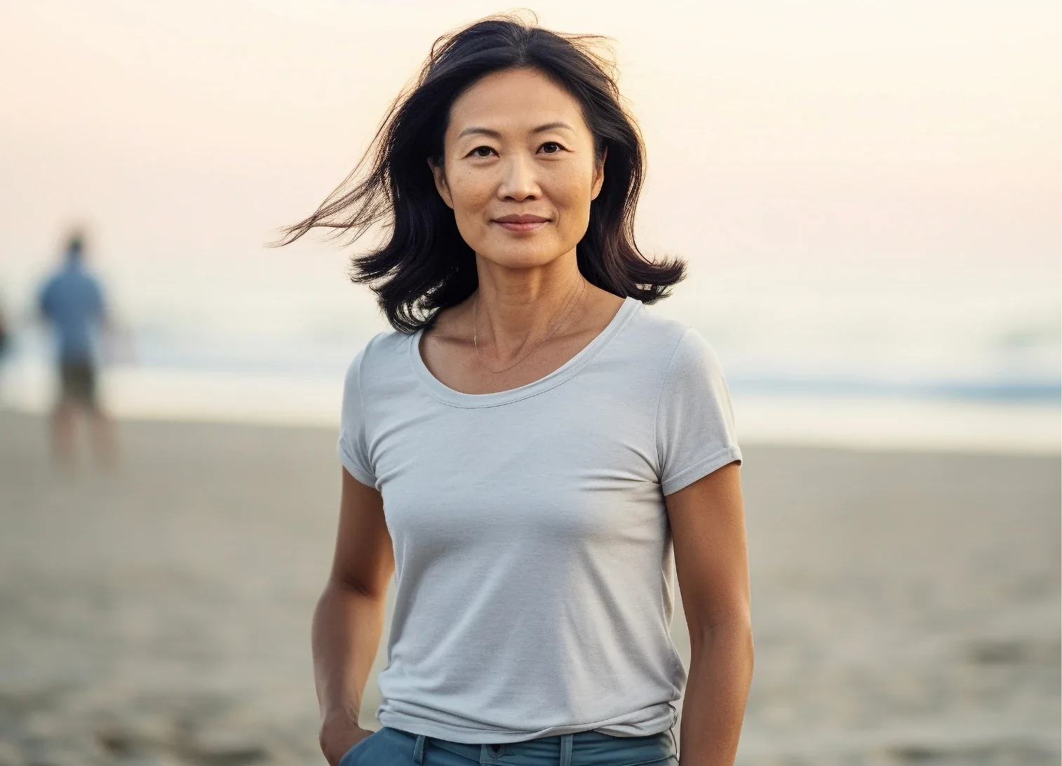 mature asian woman walking on the beach with clear vision